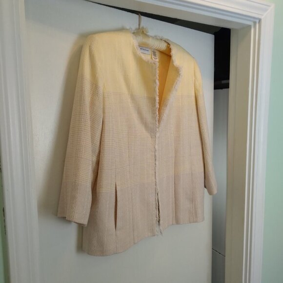 Butter Yellow & Beige Melange Plaid Tweed Jacket with Frayed Edges Sz10 - Picture 3 of 13